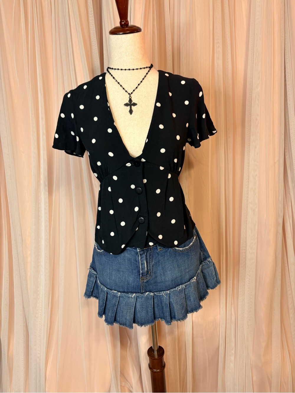 Zara Black Polka Dot V-Neck Button Front Blouse